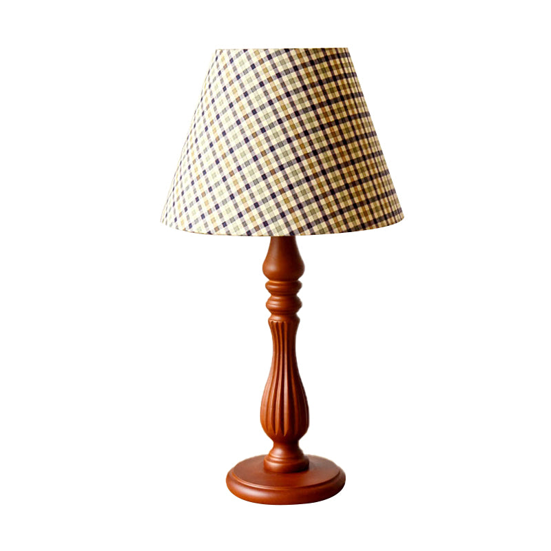 Beige/Tan/Dark Blue Barrel Shape Desk Lamp Traditional Fabric 1 Light Bedroom Reading Light with Wood Base Clearhalo 'Lamps' 'Table Lamps' Lighting' 249968