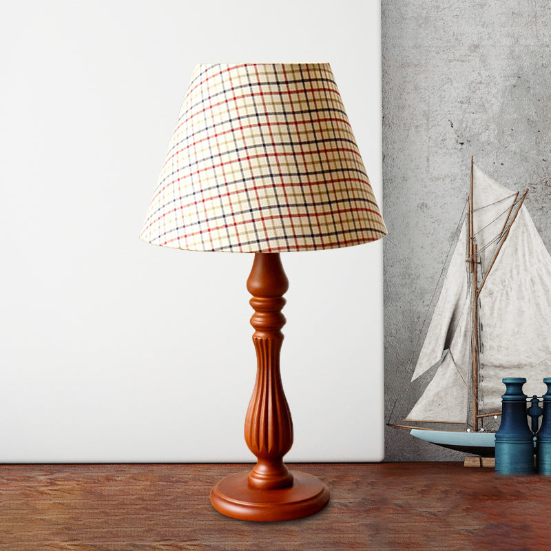 Beige/Tan/Dark Blue Barrel Shape Desk Lamp Traditional Fabric 1 Light Bedroom Reading Light with Wood Base Clearhalo 'Lamps' 'Table Lamps' Lighting' 249973