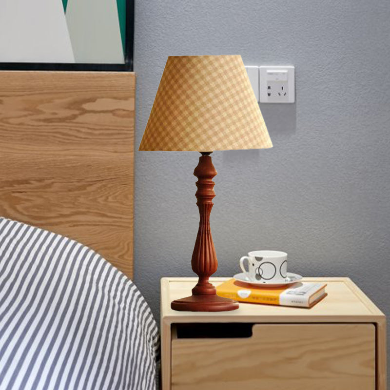 Beige/Tan/Dark Blue Barrel Shape Desk Lamp Traditional Fabric 1 Light Bedroom Reading Light with Wood Base Clearhalo 'Lamps' 'Table Lamps' Lighting' 249975