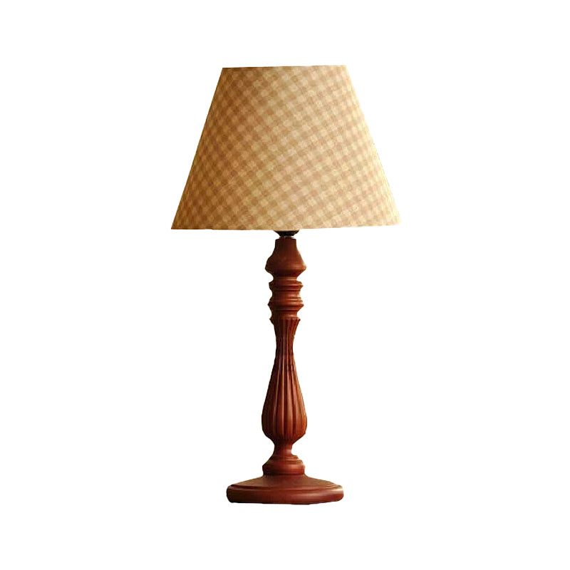 Beige/Tan/Dark Blue Barrel Shape Desk Lamp Traditional Fabric 1 Light Bedroom Reading Light with Wood Base Clearhalo 'Lamps' 'Table Lamps' Lighting' 249976