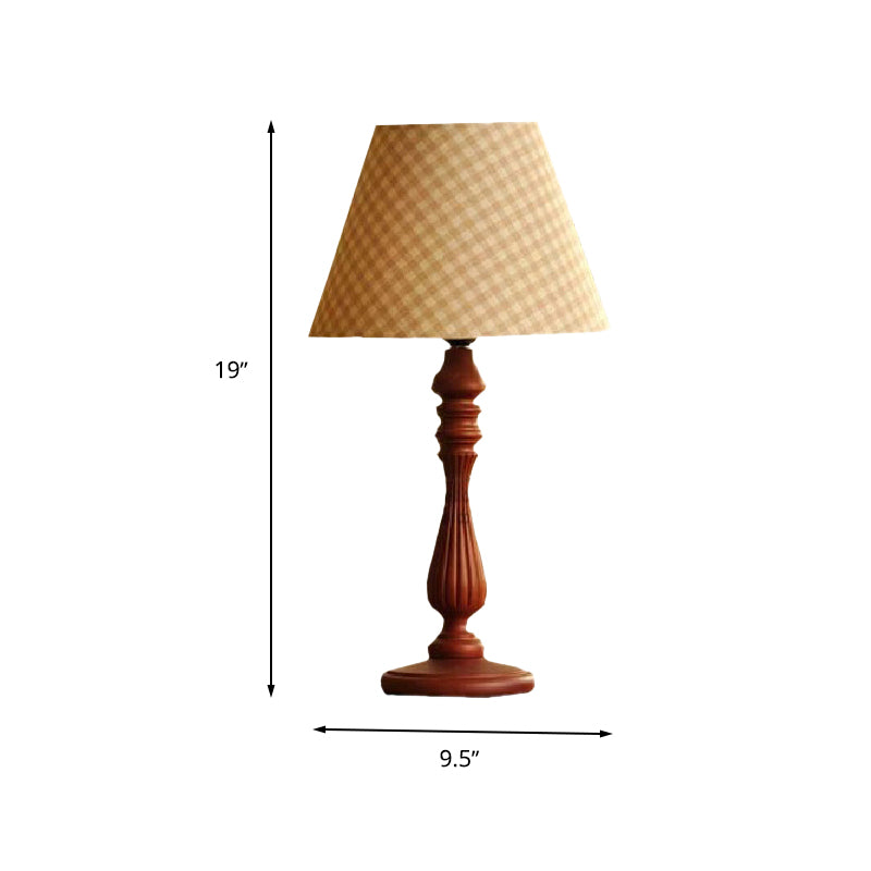 Beige/Tan/Dark Blue Barrel Shape Desk Lamp Traditional Fabric 1 Light Bedroom Reading Light with Wood Base Clearhalo 'Lamps' 'Table Lamps' Lighting' 249977