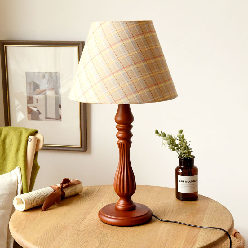 Beige/Tan/Dark Blue Barrel Shape Desk Lamp Traditional Fabric 1 Light Bedroom Reading Light with Wood Base Tan Clearhalo 'Lamps' 'Table Lamps' Lighting' 249979