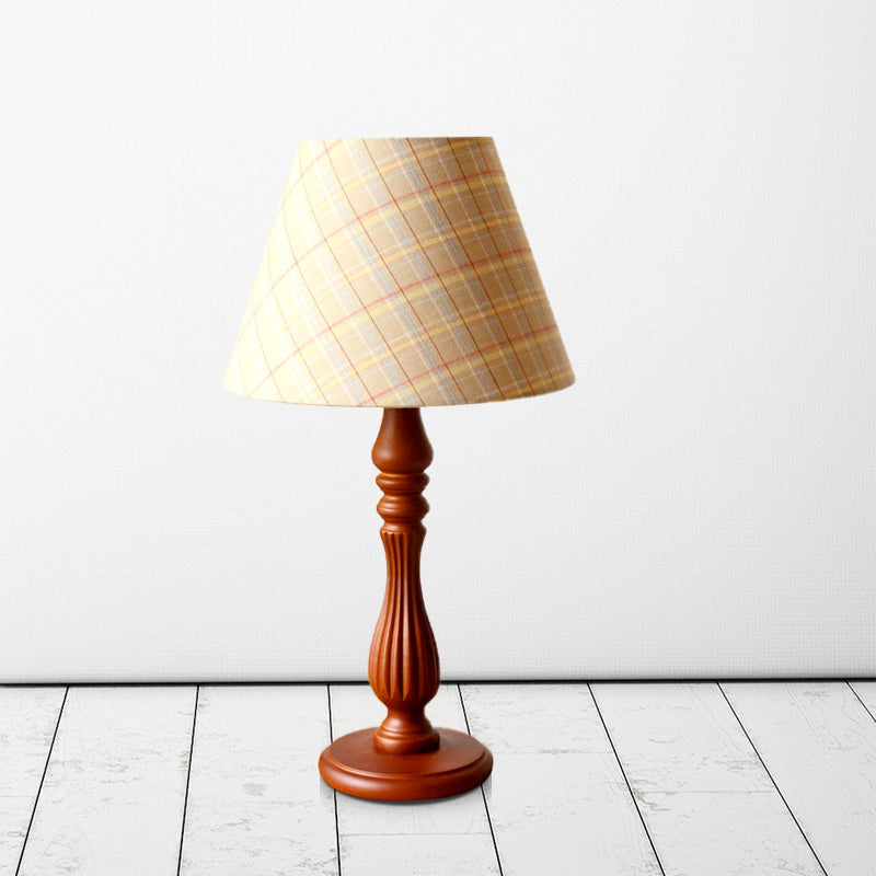Beige/Tan/Dark Blue Barrel Shape Desk Lamp Traditional Fabric 1 Light Bedroom Reading Light with Wood Base Clearhalo 'Lamps' 'Table Lamps' Lighting' 249980