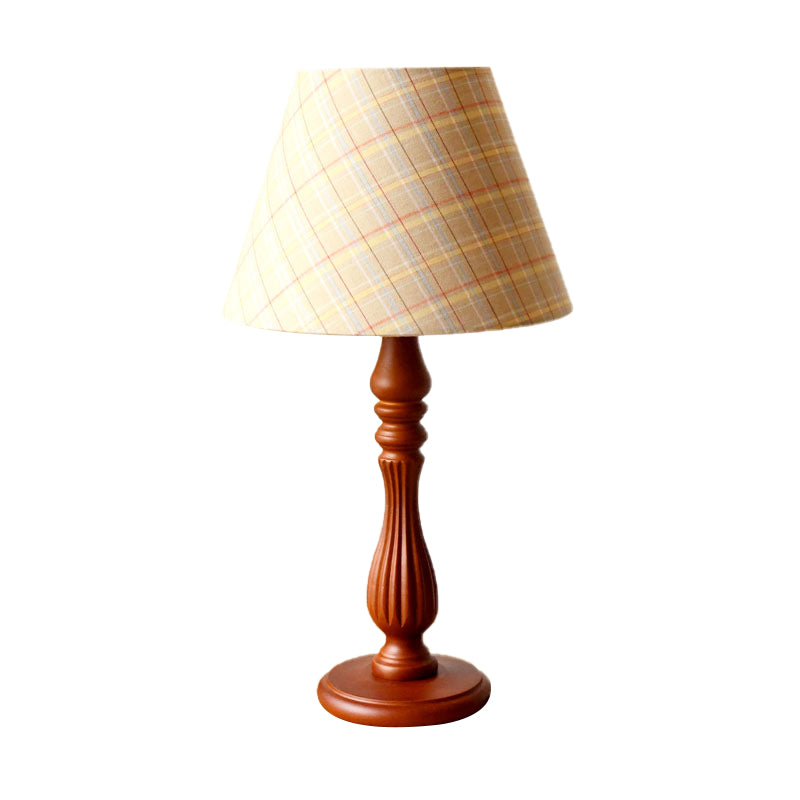 Beige/Tan/Dark Blue Barrel Shape Desk Lamp Traditional Fabric 1 Light Bedroom Reading Light with Wood Base Clearhalo 'Lamps' 'Table Lamps' Lighting' 249981