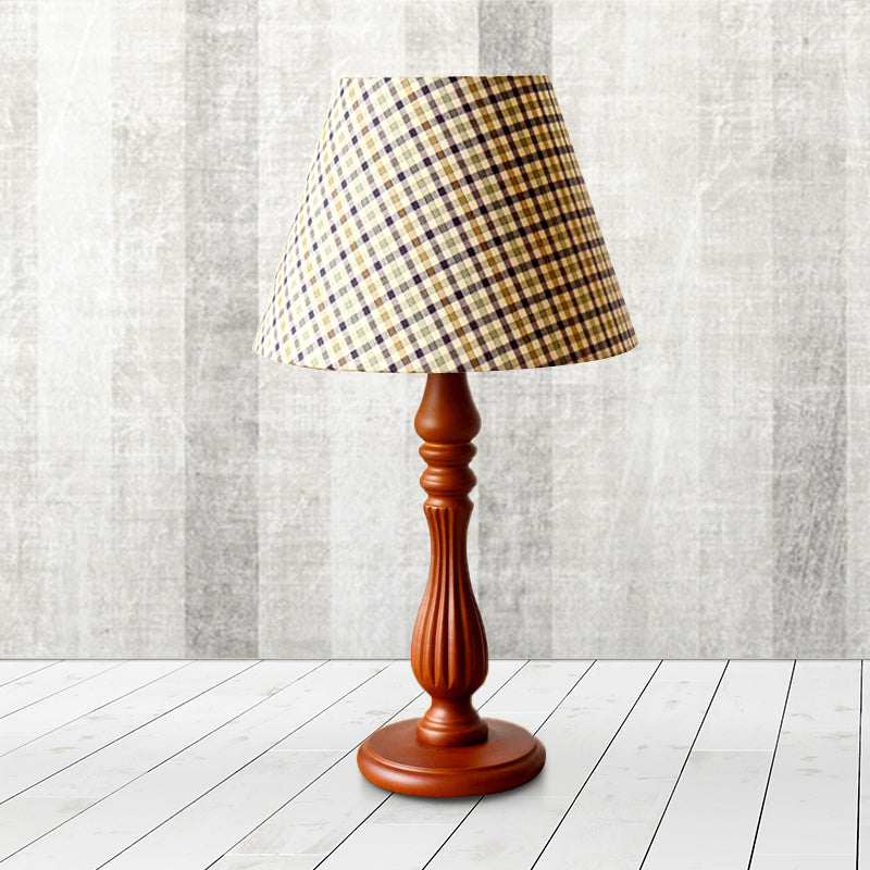 Beige/Tan/Dark Blue Barrel Shape Desk Lamp Traditional Fabric 1 Light Bedroom Reading Light with Wood Base Clearhalo 'Lamps' 'Table Lamps' Lighting' 249982