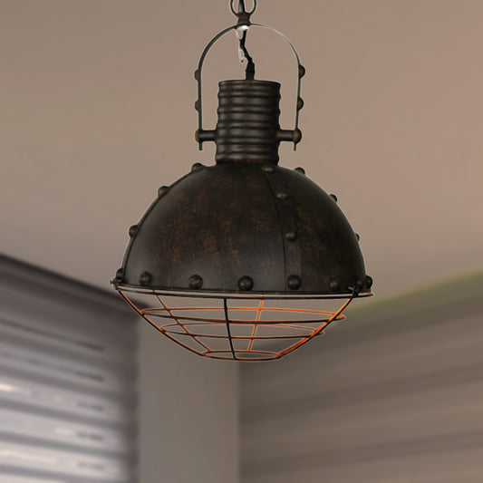 Domed Metal Ceiling Hanging Light Wrought Iron 1 Light Dining Room Pendant Lamp with Wire Guard and Rivets in Black/Green Black Clearhalo 'Art Deco Pendants' 'Black' 'Cast Iron' 'Ceiling Lights' 'Ceramic' 'Crystal' 'Industrial Pendants' 'Industrial' 'Metal' 'Middle Century Pendants' 'Pendant Lights' 'Pendants' 'Rustic Pendants' 'Tiffany' Lighting' 250022