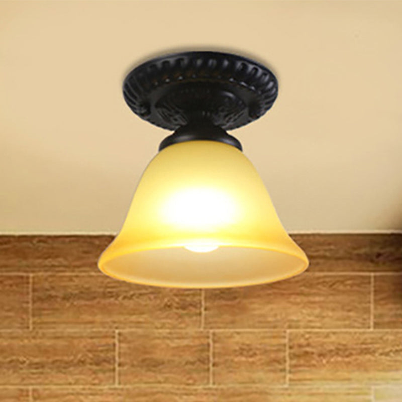 1 Light Ceiling Light Fixture with Bell Shade Opal/Amber Glass Vintage Living Room Semi Flush in Black Clearhalo 'Ceiling Lights' 'Close To Ceiling Lights' 'Close to ceiling' 'Flush mount' 'Industrial Flush Mount' Lighting' 250049