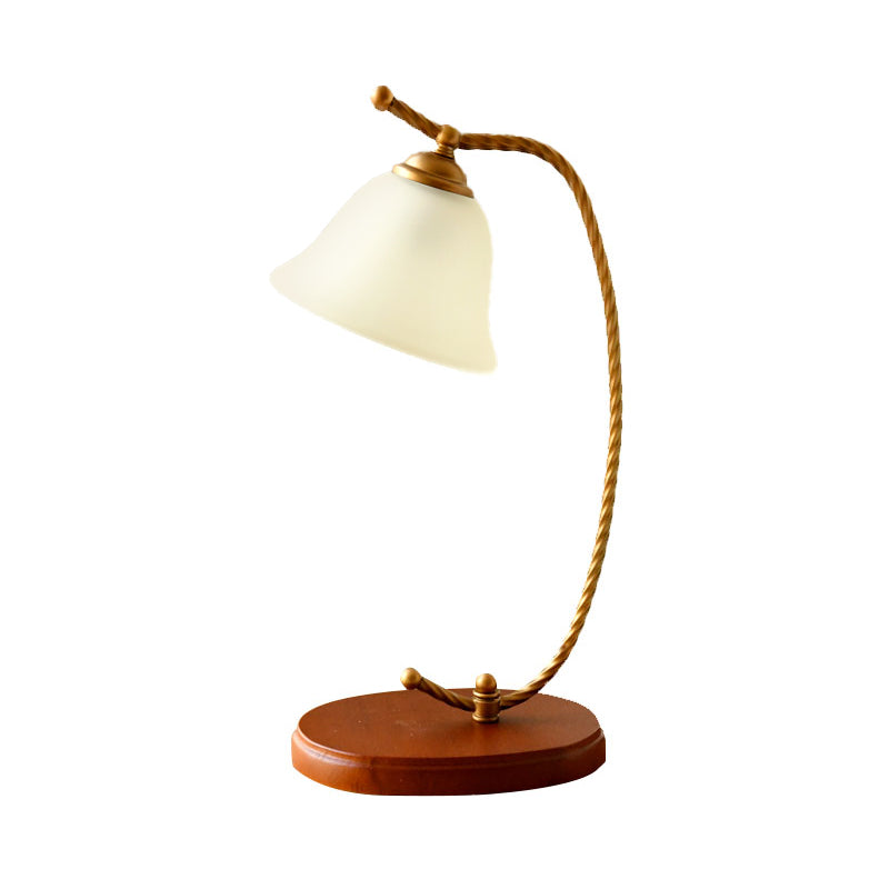 1 Light Bedroom Desk Lamp Traditional Red Brown Study Light with Bell White Glass Shade Clearhalo 'Lamps' 'Table Lamps' Lighting' 250060