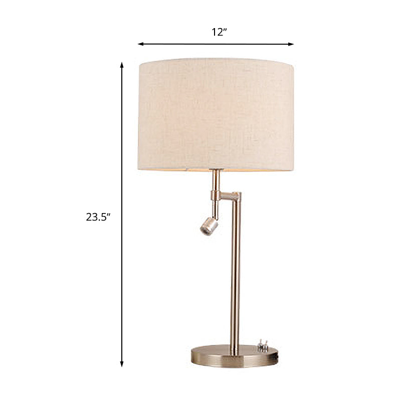 Traditional Drum Study Light 1 Light Fabric Task Lighting in Nickel for Bedroom with Base Clearhalo 'Lamps' 'Table Lamps' Lighting' 250111