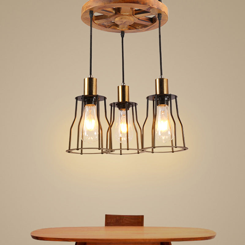 Wood Bell Cage Hanging Lamp Industrial 3/6 Lights Living Room Pendant Light in Brass 3 Wood Clearhalo 'Ceiling Lights' 'Industrial Pendants' 'Industrial' 'Middle Century Pendants' 'Pendant Lights' 'Pendants' 'Tiffany' Lighting' 250128