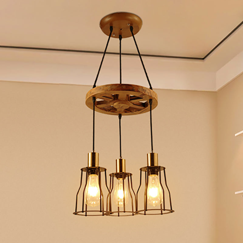Wood Bell Cage Hanging Lamp Industrial 3/6 Lights Living Room Pendant Light in Brass Clearhalo 'Ceiling Lights' 'Industrial Pendants' 'Industrial' 'Middle Century Pendants' 'Pendant Lights' 'Pendants' 'Tiffany' Lighting' 250129