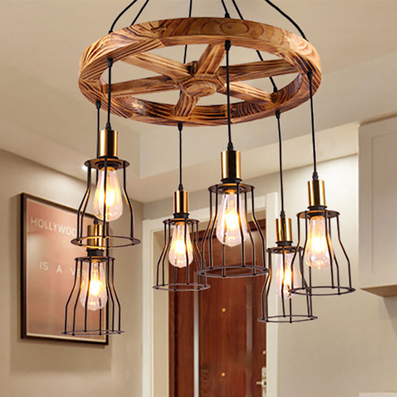 Wood Bell Cage Hanging Lamp Industrial 3/6 Lights Living Room Pendant Light in Brass 6 Wood Clearhalo 'Ceiling Lights' 'Industrial Pendants' 'Industrial' 'Middle Century Pendants' 'Pendant Lights' 'Pendants' 'Tiffany' Lighting' 250130