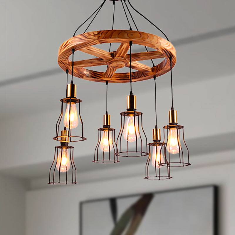 Wood Bell Cage Hanging Lamp Industrial 3/6 Lights Living Room Pendant Light in Brass Clearhalo 'Ceiling Lights' 'Industrial Pendants' 'Industrial' 'Middle Century Pendants' 'Pendant Lights' 'Pendants' 'Tiffany' Lighting' 250131