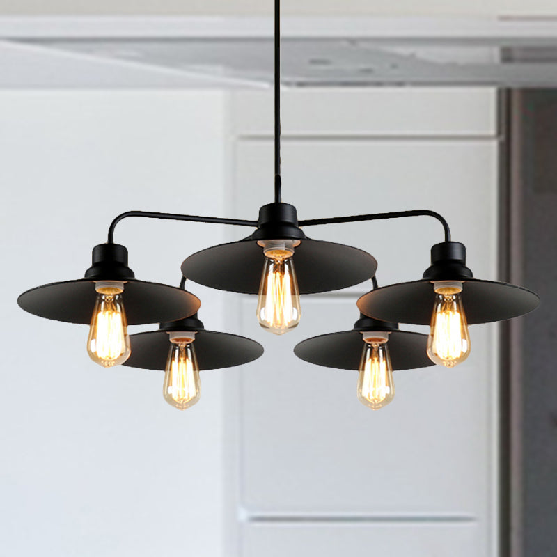 Black 3/5 Lights Chandelier Lighting Vintage Industrial Metallic Round Shade Pendant Light with Hanging Rod 5 Black Clearhalo 'Cast Iron' 'Ceiling Lights' 'Chandeliers' 'Industrial Chandeliers' 'Industrial' 'Metal' 'Middle Century Chandeliers' 'Rustic Chandeliers' 'Tiffany' Lighting' 250169