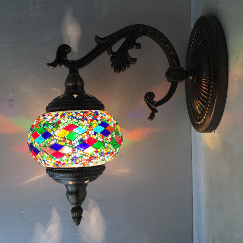 Curved Arm Sconce Light Traditionary Metal 1 Head Bronze Wall Mounted Lamp with Ball Yellow/Green Glass Shade for Balcony Green Clearhalo 'Wall Lamps & Sconces' 'Wall Lights' Lighting' 250211