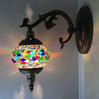 Curved Arm Sconce Light Traditionary Metal 1 Head Bronze Wall Mounted Lamp with Ball Yellow/Green Glass Shade for Balcony Green Clearhalo 'Wall Lamps & Sconces' 'Wall Lights' Lighting' 250211