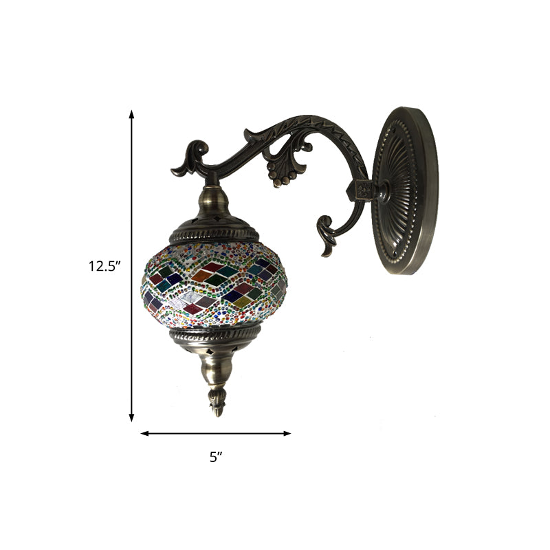 Curved Arm Sconce Light Traditionary Metal 1 Head Bronze Wall Mounted Lamp with Ball Yellow/Green Glass Shade for Balcony Clearhalo 'Wall Lamps & Sconces' 'Wall Lights' Lighting' 250215