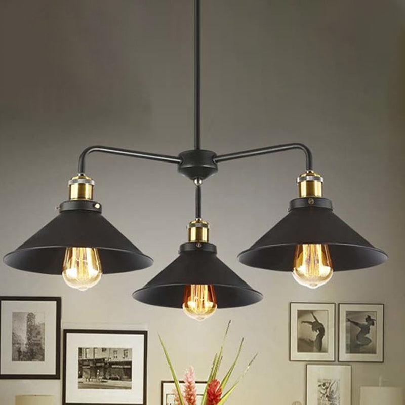 3/4/5 Heads Conical Chandelier Lamp Industrial Style Black Metallic Hanging Light for Dining Table 3 Black Clearhalo 'Cast Iron' 'Ceiling Lights' 'Chandeliers' 'Industrial Chandeliers' 'Industrial' 'Metal' 'Middle Century Chandeliers' 'Rustic Chandeliers' 'Tiffany' Lighting' 250220