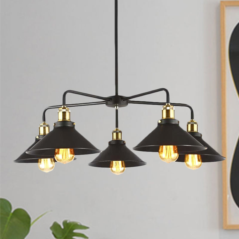3/4/5 Heads Conical Chandelier Lamp Industrial Style Black Metallic Hanging Light for Dining Table 5 Black Clearhalo 'Cast Iron' 'Ceiling Lights' 'Chandeliers' 'Industrial Chandeliers' 'Industrial' 'Metal' 'Middle Century Chandeliers' 'Rustic Chandeliers' 'Tiffany' Lighting' 250224