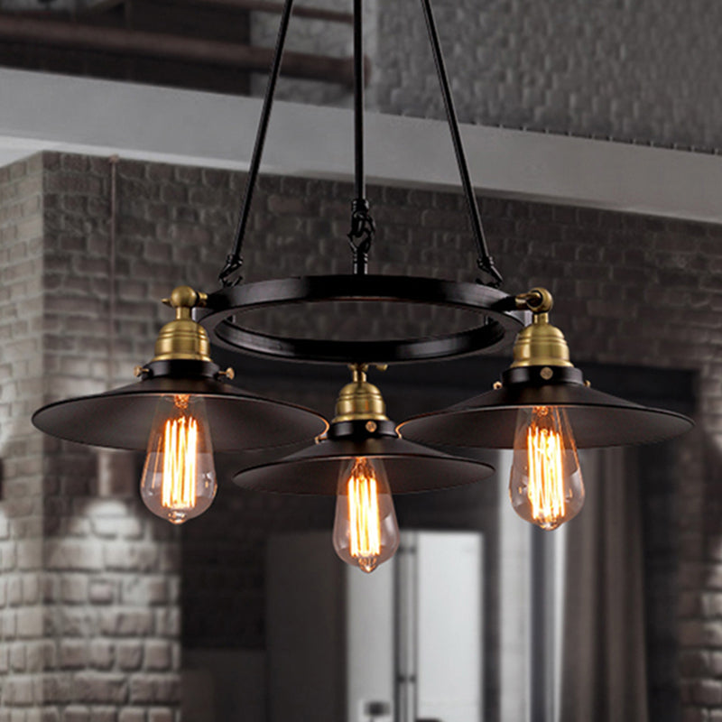 Metal Ring Chandelier Light Fixture Vintage Style 3/6 Lights Dining Table Pendant Lighting with Flared Shade in Black Clearhalo 'Cast Iron' 'Ceiling Lights' 'Chandeliers' 'Industrial Chandeliers' 'Industrial' 'Metal' 'Middle Century Chandeliers' 'Rustic Chandeliers' 'Tiffany' Lighting' 250236