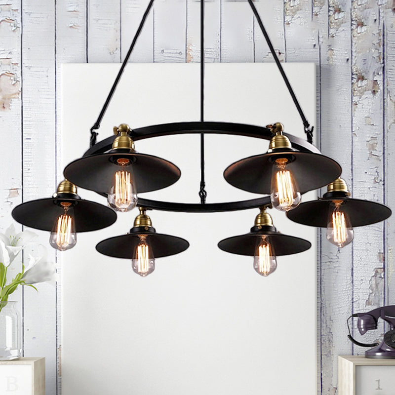 Metal Ring Chandelier Light Fixture Vintage Style 3/6 Lights Dining Table Pendant Lighting with Flared Shade in Black Clearhalo 'Cast Iron' 'Ceiling Lights' 'Chandeliers' 'Industrial Chandeliers' 'Industrial' 'Metal' 'Middle Century Chandeliers' 'Rustic Chandeliers' 'Tiffany' Lighting' 250238