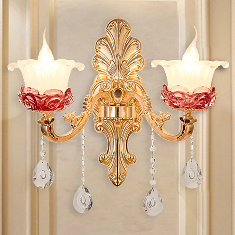 Flower Milk Glass Wall Sconce Vintage Style 1/2-Light Brass Finish Wall Mount Light with Clear Crystal Decoration 2.0 Brass Clearhalo 'Cast Iron' 'Glass' 'Industrial' 'Modern wall lights' 'Modern' 'Tiffany' 'Traditional wall lights' 'Wall Lamps & Sconces' 'Wall Lights' Lighting' 250240