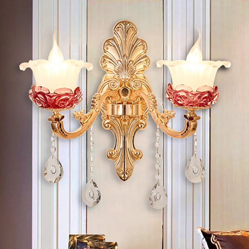 Flower Milk Glass Wall Sconce Vintage Style 1/2-Light Brass Finish Wall Mount Light with Clear Crystal Decoration Clearhalo 'Cast Iron' 'Glass' 'Industrial' 'Modern wall lights' 'Modern' 'Tiffany' 'Traditional wall lights' 'Wall Lamps & Sconces' 'Wall Lights' Lighting' 250241