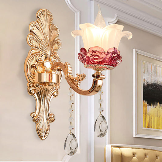 Flower Milk Glass Wall Sconce Vintage Style 1/2-Light Brass Finish Wall Mount Light with Clear Crystal Decoration 1.0 Brass Clearhalo 'Cast Iron' 'Glass' 'Industrial' 'Modern wall lights' 'Modern' 'Tiffany' 'Traditional wall lights' 'Wall Lamps & Sconces' 'Wall Lights' Lighting' 250242