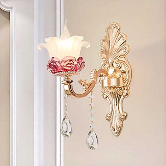 Flower Milk Glass Wall Sconce Vintage Style 1/2-Light Brass Finish Wall Mount Light with Clear Crystal Decoration Clearhalo 'Cast Iron' 'Glass' 'Industrial' 'Modern wall lights' 'Modern' 'Tiffany' 'Traditional wall lights' 'Wall Lamps & Sconces' 'Wall Lights' Lighting' 250243