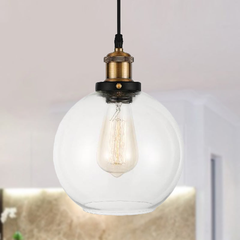 Clear Glass Globe Hanging Pendant Light with Adjustable Cord Industrial Suspension Lamp in Brass Clearhalo 'Ceiling Lights' 'Glass shade' 'Glass' 'Industrial Pendants' 'Industrial' 'Middle Century Pendants' 'Pendant Lights' 'Pendants' 'Tiffany' Lighting' 250259