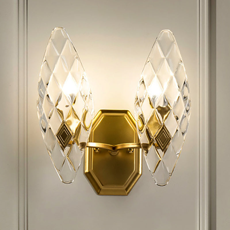 Clear Crystal Rhombus Wall Sconce Lamp Modern Style 1/2-Head Brass Wall Light for Living Room 2.0 Brass Clearhalo 'Cast Iron' 'Glass' 'Industrial' 'Modern wall lights' 'Modern' 'Tiffany' 'Traditional wall lights' 'Wall Lamps & Sconces' 'Wall Lights' Lighting' 250260