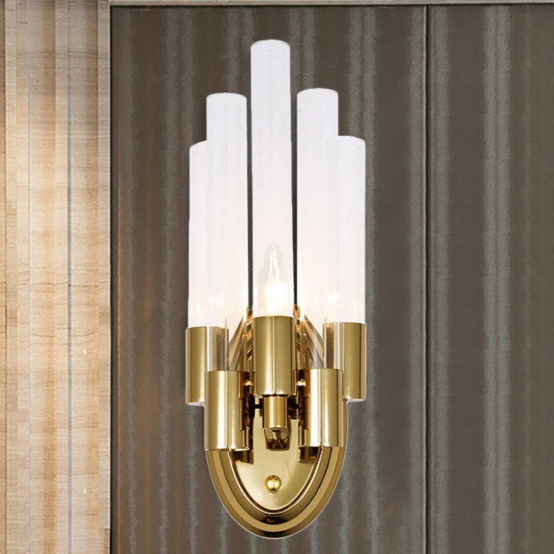 Tubed Frosted Glass Wall Lighting Modern Stylish 1 Light Brass Finish Wall Sconce Lamp for Living Room Brass Clearhalo 'Modern wall lights' 'Modern' 'Wall Lamps & Sconces' 'Wall Lights' Lighting' 250282
