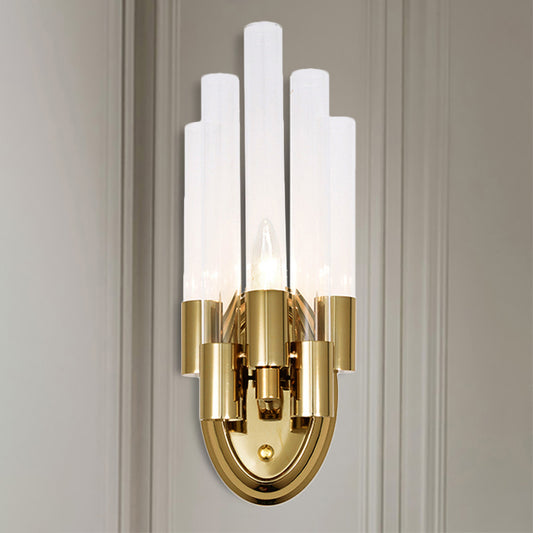 Tubed Frosted Glass Wall Lighting Modern Stylish 1 Light Brass Finish Wall Sconce Lamp for Living Room Clearhalo 'Modern wall lights' 'Modern' 'Wall Lamps & Sconces' 'Wall Lights' Lighting' 250283
