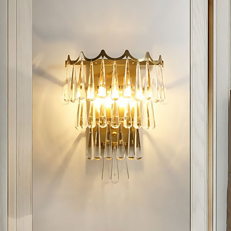 Metal Layered Wall Lighting Fixture Modern Style 2 Lights Golden Wall Lamp with Clear Crystal Teardrop Shade - Clearhalo - 'Modern wall lights' - 'Modern' - 'Wall Lamps & Sconces' - 'Wall Lights' - Lighting' - 250289