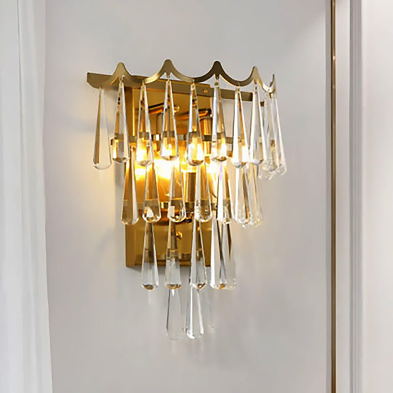 Metal Layered Wall Lighting Fixture Modern Style 2 Lights Golden Wall Lamp with Clear Crystal Teardrop Shade Clearhalo 'Modern wall lights' 'Modern' 'Wall Lamps & Sconces' 'Wall Lights' Lighting' 250290