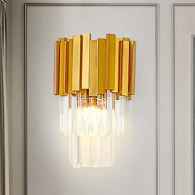 Tiered Wall Light Sconce Modern Style Metal 1 Light Golden Sconce Lamp with Clear Crystal Prism Gold Clearhalo 'Modern wall lights' 'Modern' 'Wall Lamps & Sconces' 'Wall Lights' Lighting' 250322
