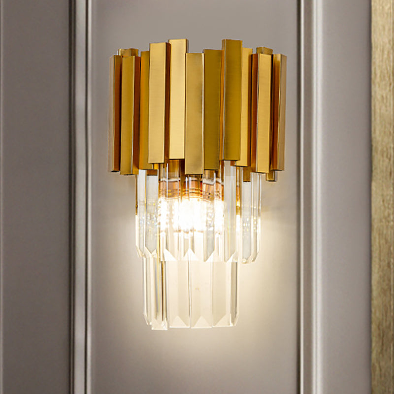 Tiered Wall Light Sconce Modern Style Metal 1 Light Golden Sconce Lamp with Clear Crystal Prism Clearhalo 'Modern wall lights' 'Modern' 'Wall Lamps & Sconces' 'Wall Lights' Lighting' 250323