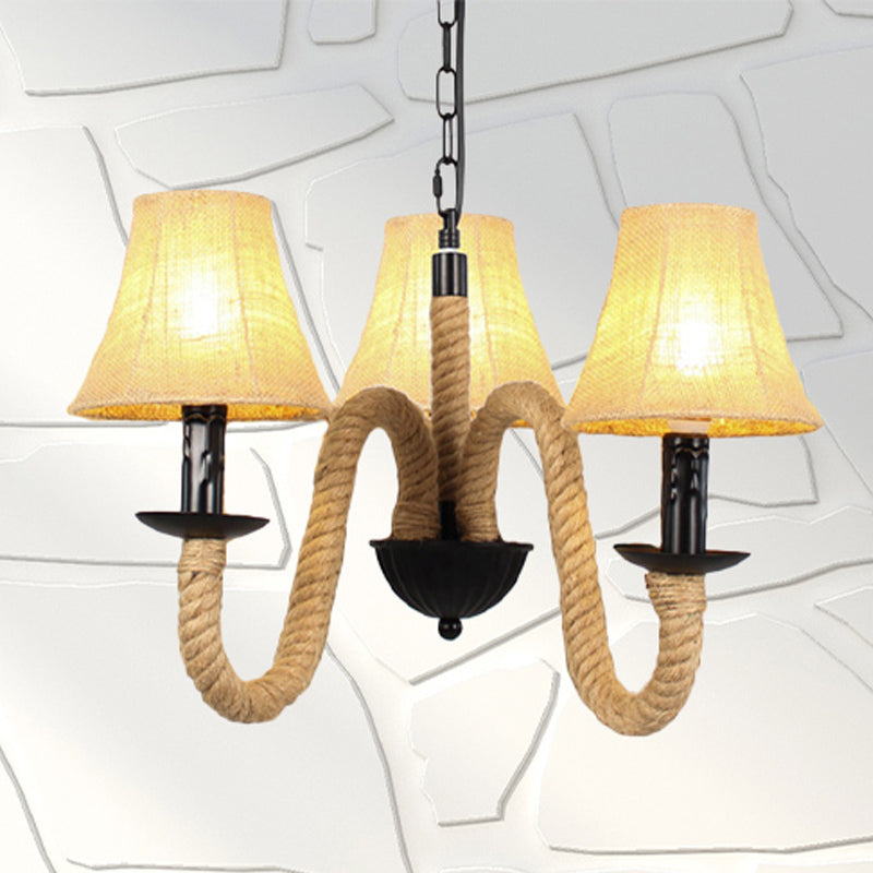 3 Lights Bell/Cone Hanging Lamp Vintage Style Beige Fabric Shade Chandelier Light Fixture with Rope Detail Beige Bell Clearhalo 'Ceiling Lights' 'Chandeliers' 'Industrial Chandeliers' 'Industrial' 'Middle Century Chandeliers' 'Tiffany' Lighting' 250338