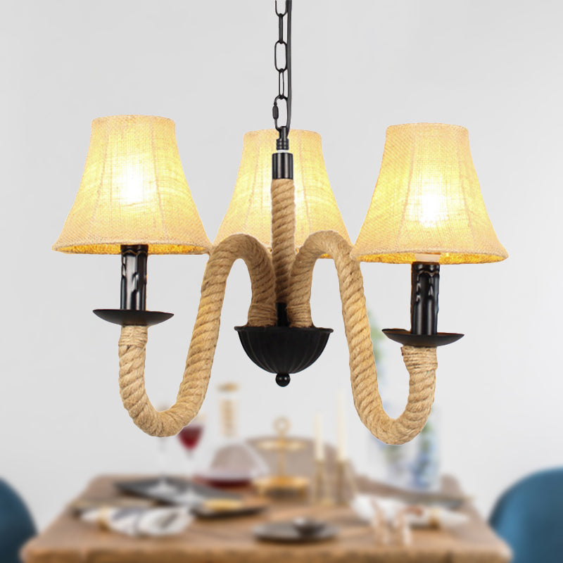 3 Lights Bell/Cone Hanging Lamp Vintage Style Beige Fabric Shade Chandelier Light Fixture with Rope Detail Clearhalo 'Ceiling Lights' 'Chandeliers' 'Industrial Chandeliers' 'Industrial' 'Middle Century Chandeliers' 'Tiffany' Lighting' 250339