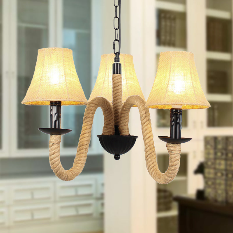 3 Lights Bell/Cone Hanging Lamp Vintage Style Beige Fabric Shade Chandelier Light Fixture with Rope Detail Clearhalo 'Ceiling Lights' 'Chandeliers' 'Industrial Chandeliers' 'Industrial' 'Middle Century Chandeliers' 'Tiffany' Lighting' 250340