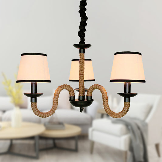 3 Lights Bell/Cone Hanging Lamp Vintage Style Beige Fabric Shade Chandelier Light Fixture with Rope Detail Clearhalo 'Ceiling Lights' 'Chandeliers' 'Industrial Chandeliers' 'Industrial' 'Middle Century Chandeliers' 'Tiffany' Lighting' 250342