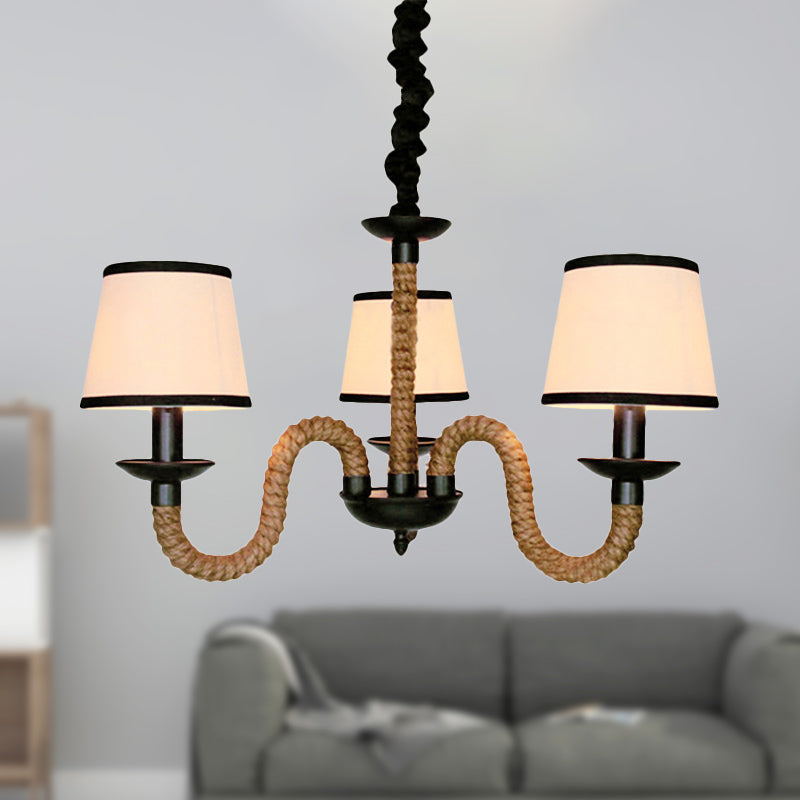 3 Lights Bell/Cone Hanging Lamp Vintage Style Beige Fabric Shade Chandelier Light Fixture with Rope Detail Clearhalo 'Ceiling Lights' 'Chandeliers' 'Industrial Chandeliers' 'Industrial' 'Middle Century Chandeliers' 'Tiffany' Lighting' 250343