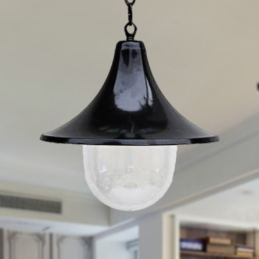 Antique Style Flared Pendant Light with Clear Glass Shade 1 Bulb Hanging Lamp in Rust/Black Finish for Outdoor Black Clearhalo 'Art Deco Pendants' 'Black' 'Cast Iron' 'Ceiling Lights' 'Ceramic' 'Crystal' 'Industrial Pendants' 'Industrial' 'Metal' 'Middle Century Pendants' 'Pendant Lights' 'Pendants' 'Rustic Pendants' 'Tiffany' Lighting' 250350