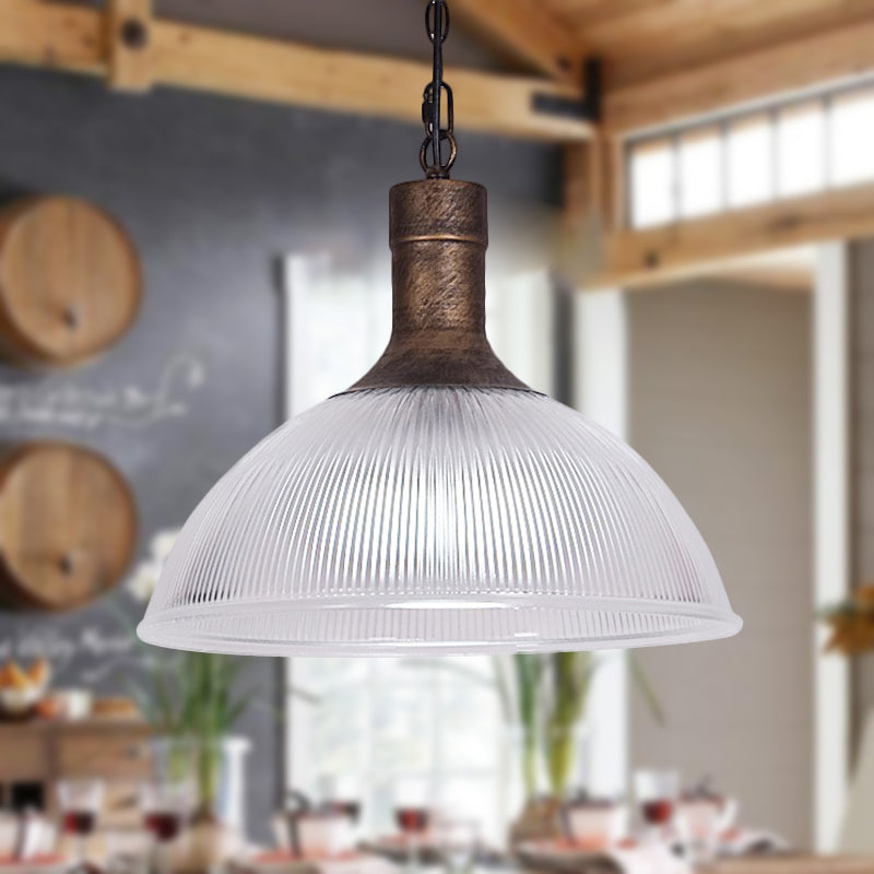 Rust/Black Dome Ceiling Light Industrial Ribbed Glass 1 Light Living Room Pendant Lighting Fixture Clearhalo 'Ceiling Lights' 'Glass shade' 'Glass' 'Industrial Pendants' 'Industrial' 'Middle Century Pendants' 'Pendant Lights' 'Pendants' 'Tiffany' Lighting' 250379