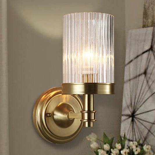 Cylinder Wall Lamp Vintage Stylish Clear Ribbed Glass 1 Bulb Black/Gold Finish Wall Sconce Fixture for Living Room Clearhalo 'Modern wall lights' 'Modern' 'Wall Lamps & Sconces' 'Wall Lights' Lighting' 250408