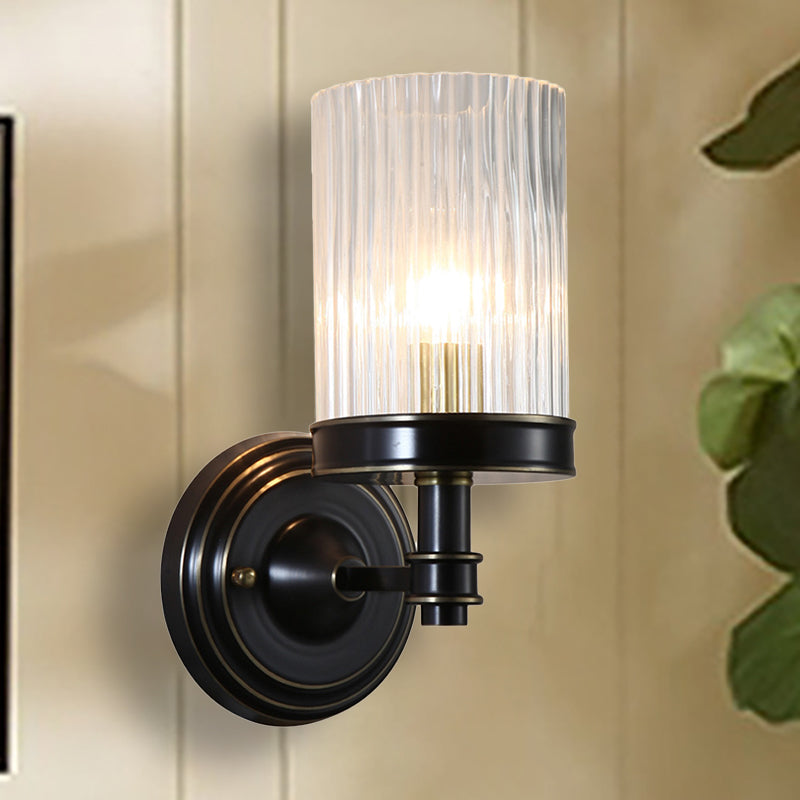 Cylinder Wall Lamp Vintage Stylish Clear Ribbed Glass 1 Bulb Black/Gold Finish Wall Sconce Fixture for Living Room Black Clearhalo 'Modern wall lights' 'Modern' 'Wall Lamps & Sconces' 'Wall Lights' Lighting' 250409