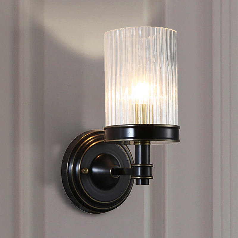 Cylinder Wall Lamp Vintage Stylish Clear Ribbed Glass 1 Bulb Black/Gold Finish Wall Sconce Fixture for Living Room Clearhalo 'Modern wall lights' 'Modern' 'Wall Lamps & Sconces' 'Wall Lights' Lighting' 250410