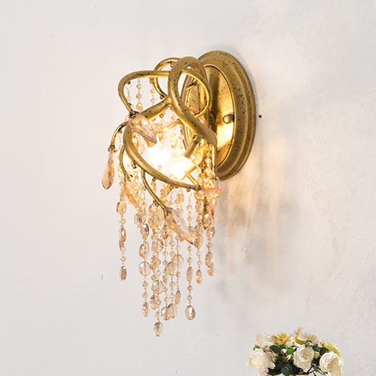 Branching Wall Mount Lighting Vintage Metal 1 Bulb Brass Finish Sconce Light with Amber Crystal Bead Accent Brass Clearhalo 'Modern wall lights' 'Modern' 'Wall Lamps & Sconces' 'Wall Lights' Lighting' 250417