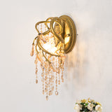 Branching Wall Mount Lighting Vintage Metal 1 Bulb Brass Finish Sconce Light with Amber Crystal Bead Accent