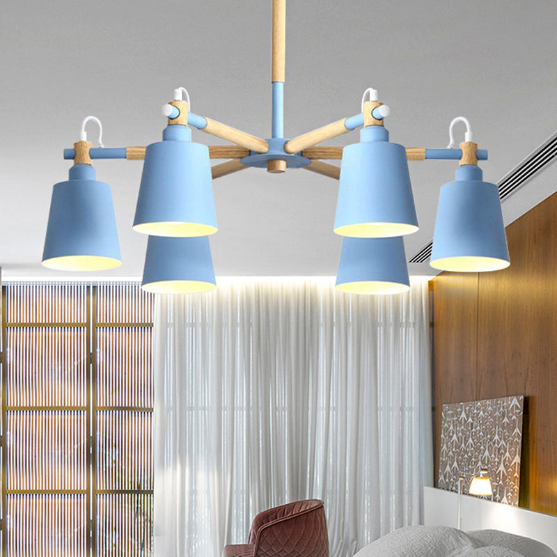 Baby Bedroom Bucket Chandelier Metal Wood 6 Lights Macaron Loft Suspension Light Clearhalo 'Ceiling Lights' 'Chandeliers' Lighting' options 250423